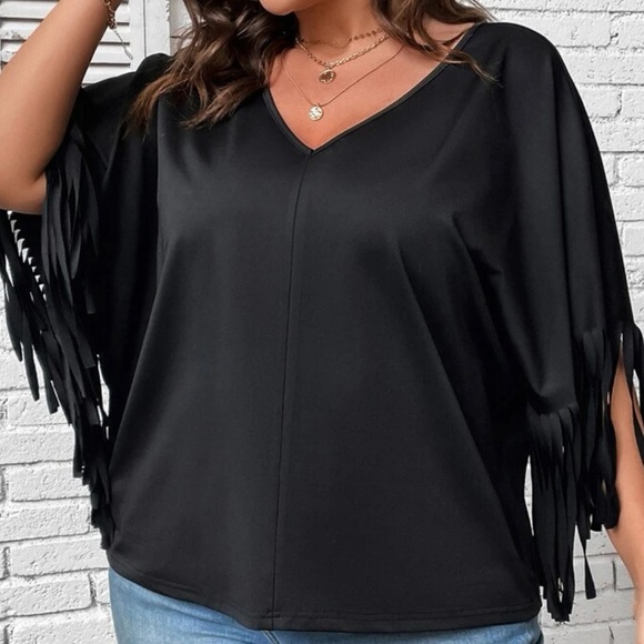 SHEIN Tops - SHEIN Curve Size 3XL Black V-Neck with Fringe Sleeves